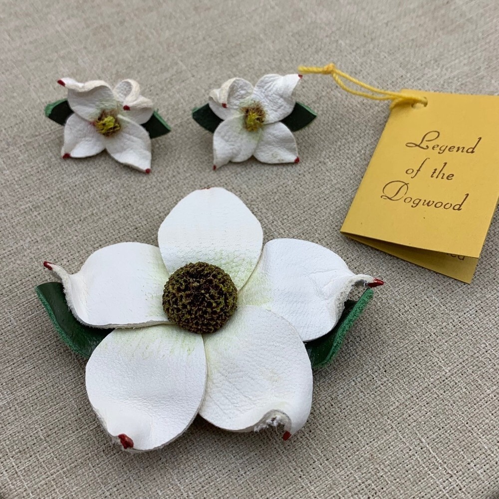 Handmade artisan Hawaiian dogwood and leather brooch and earrings set